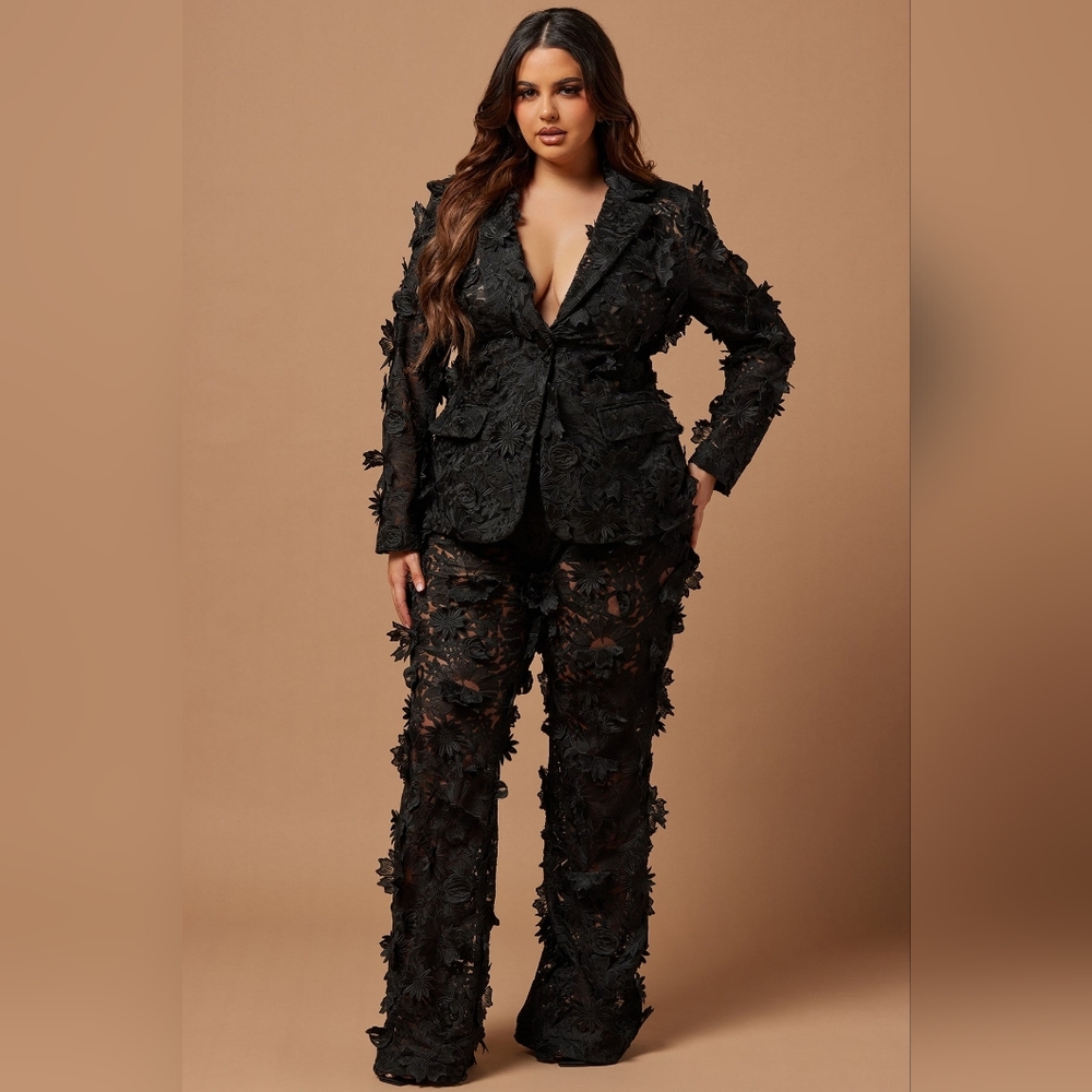 NWOT Black Floral Lace 3-D Applique Embroidery 1 Button Textured Blazer  Sz XL - Picture 2 of 16